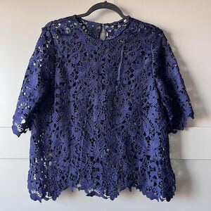 ZARA Woman Shirt Womens Medium Navy Blue Lace Crochet Floral Scalloped Hem Sheer